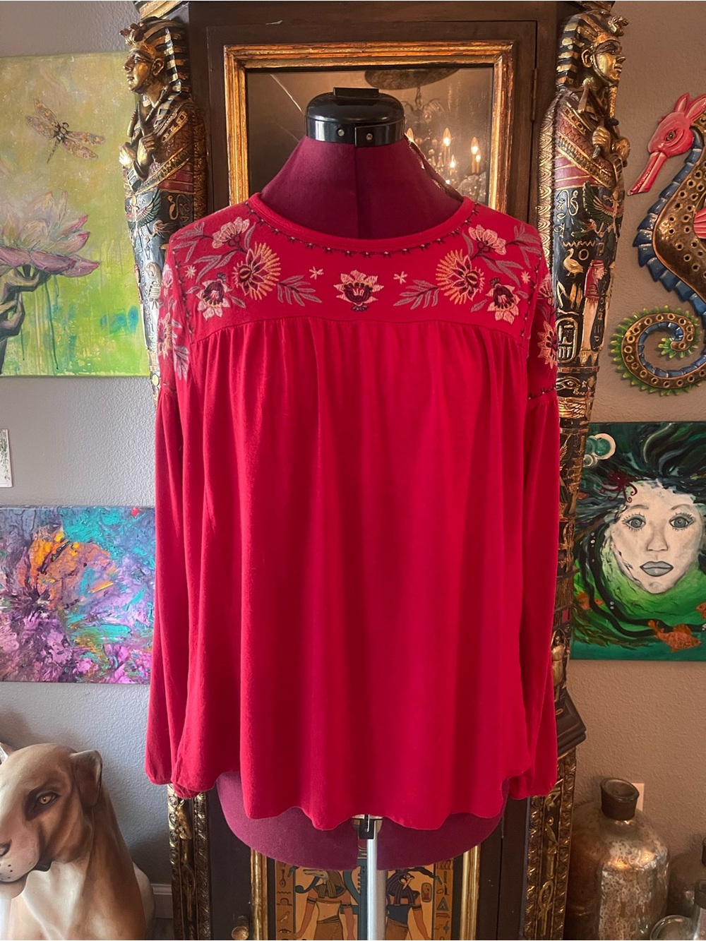 Knox Rose Red Embroidered Long-Sleeve Peasant Blouse